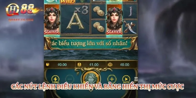 Các nút lệnh điều khiển và bảng hiển thị mức cược trong game nổ hũ 