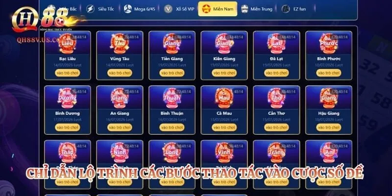 Chỉ dẫn lộ trình các bước thao tác vào cược số đề đơn giản